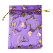 Organza - chiffonpose med guld hjerter. 90 mm. Lilla. 100 stk.